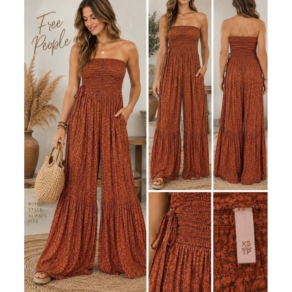 Free People XS Rust Orange Floral Smocked Wide Leg Tiered Boho Pants